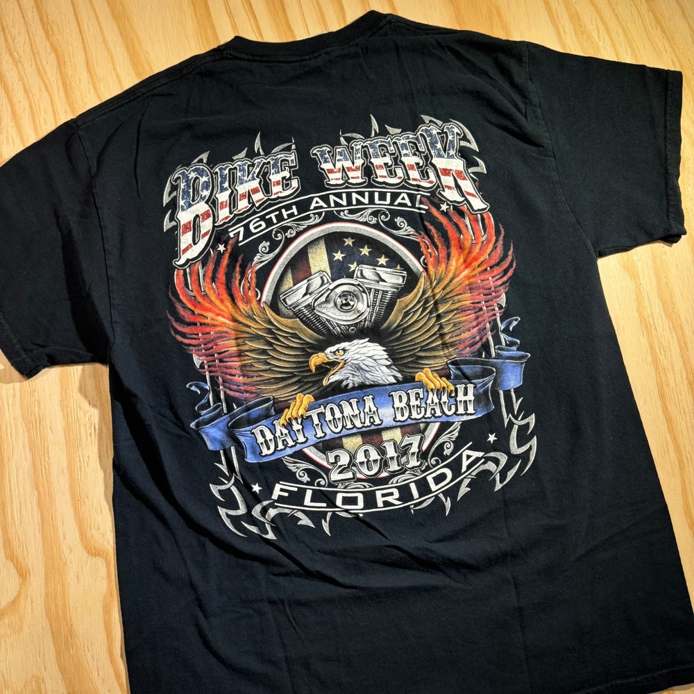 Gildan Men's Daytona Bike Week Graphic T-Shirt Black Eagle Vintage Size Large